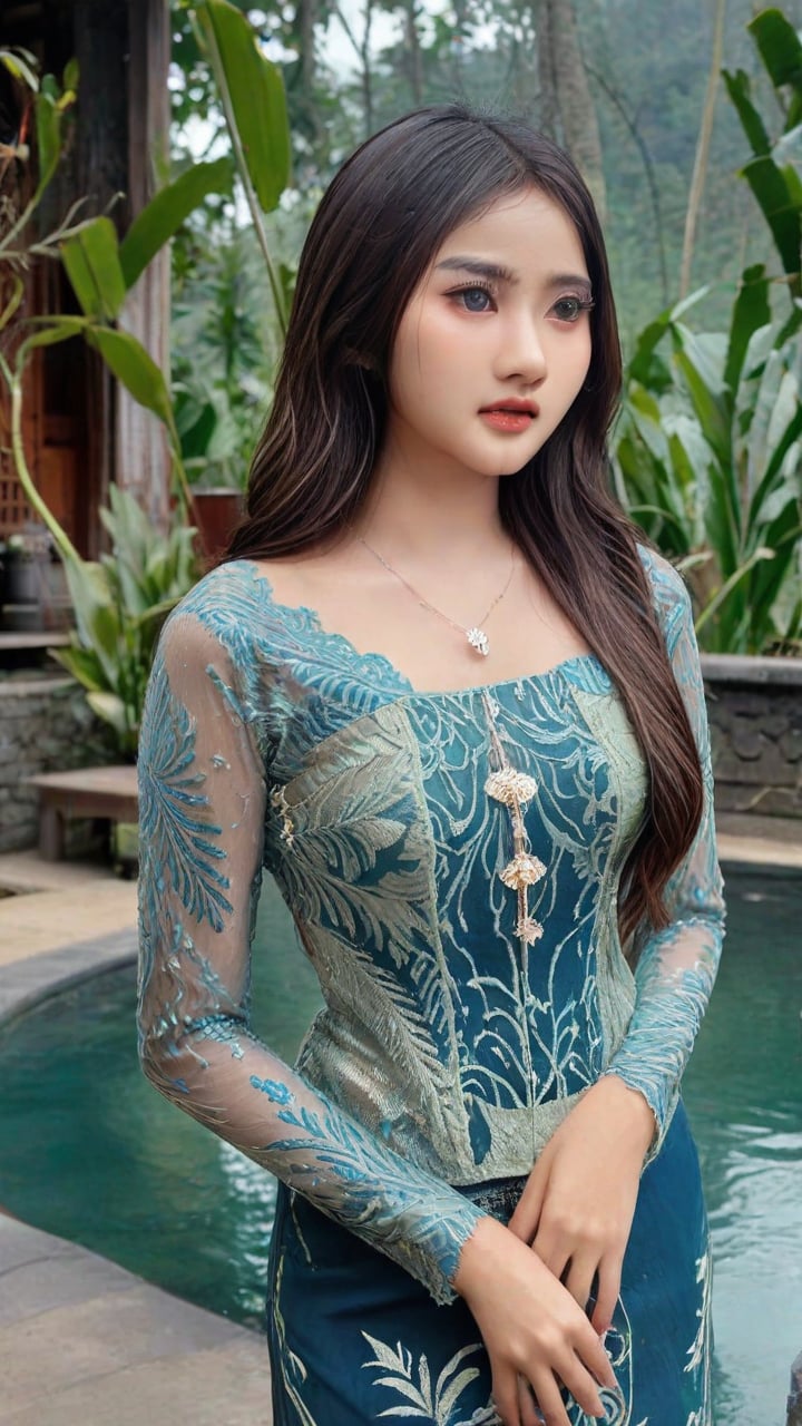 (Photorealistic, hyper_realistic, high_resolution, HD, best_quality, perfect_lighting, more sharpness, more contrast, highly_detailed, Award-winning cinematographer). In a serene traditional village on Central Java, Indonesia, a stunning 18-year-old asian girl with long hair and mesmerizing brown eyes gazes directly at the camera. Her wet lips subtly curve as she wears an exquisite blue Javanese Kebaya. The soft glow of misty mountains and lush plants dissolves into the distance, creating a dreamlike atmosphere. Vibrant colors blend harmoniously, casting a surreal spell. (more_contrast, more_realistic, more_detailed), upper-body