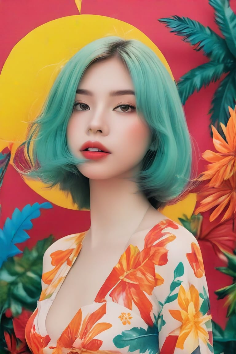 portait image of a girl which could suggest a creative or rebellious personality. The presence of the colorful background may indicate a sense of vibrancy or action associated with the character. She wears a beautiful tropical inspiration outfit. The overall composition and style are indicative of a narrative-driven genre such as comics or graphic novels, portrait, close-up