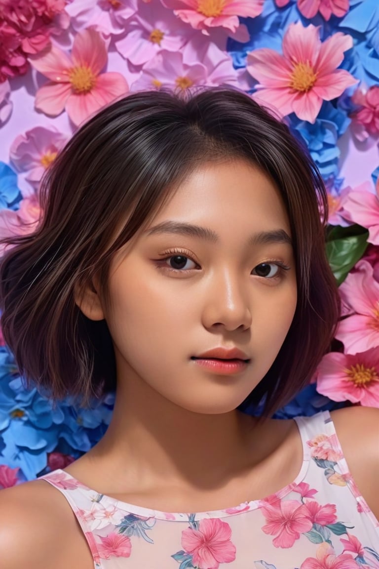 In a stunning portrait, September Ai, a HONG KONG Girl with brown skin and short messy hair, lies from the front point pose, exuding high fashion elegance. Against a flowing neon-holographic floral background, iridescent vaporwave effects dance around her. The overall composition is fluid, with delicate flowers swirling behind her. A realistic illustration of this beauty, featuring long blonde hair, is reminiscent of Flat vector art. score_9, score_8_up, score_7_up, score_6_up,School_girl,gh3a,ZeeJKT48