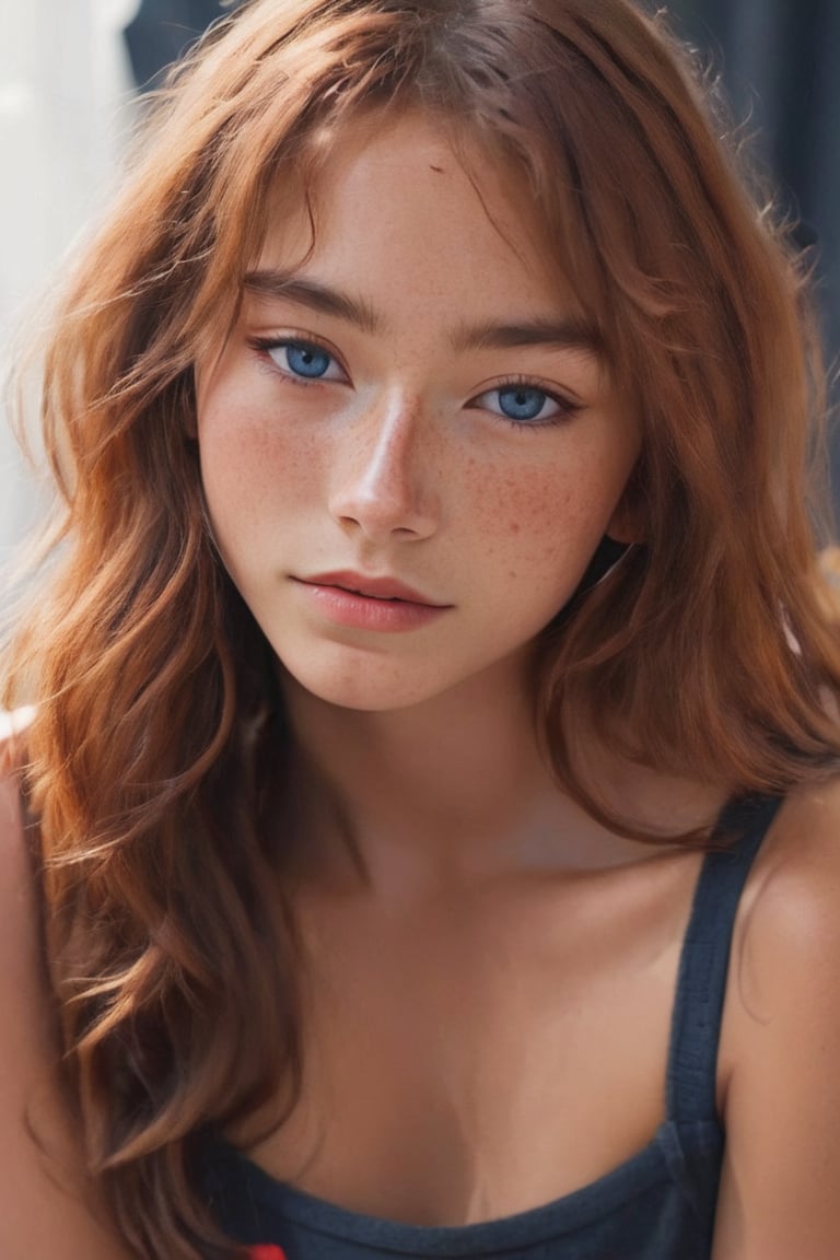 1girl, 16yo, solo, close up shot , (in love:1.5), long hair, messy red hair, dark blue eyes, tan skin, lips, slight smile, sleepy, freckles, dimples, thick eyebrows, bare shoulders, morning light,