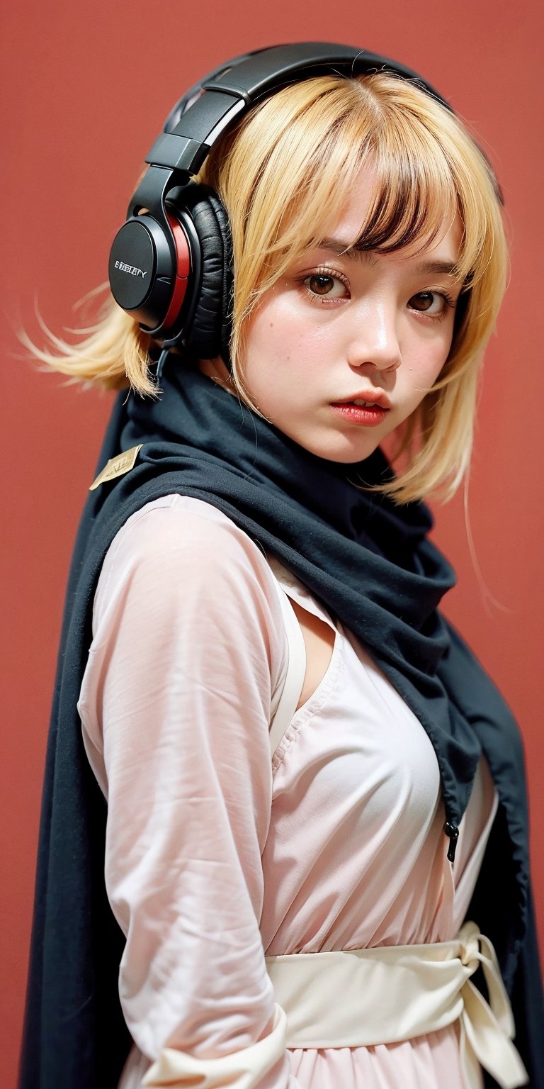 1girl, solo, long hair, looking at viewer, bangs, short golden hair, hair ornament, closed mouth, upper body, hair flower, sexy hiphop clothes, red background, black eyes, lips, sash, realistic, wearing headphones,s4str0,chines,Fuj1,sks woman,Elizabeth olsen ,blackwidow,wul4n,vonzy,jesvera,pevitapearce,p3v1t4,Shakira ,jessicajones,mt-raisa,rainych