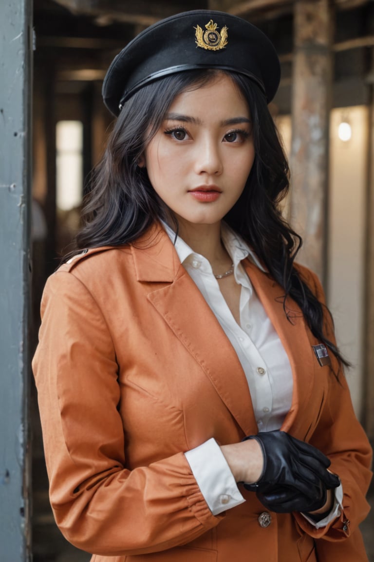 A young woman in a orange military uniform stands solo, looking directly at the viewer with an intense gaze. Her bangs frame her face, and her shirt is covered by a jacket with long sleeves. Her eyes glow red as she wears black gloves and a necktie, adding to the mysterious atmosphere. White and black hair peeks out from under her hat, which matches the color of her military uniform. The framing of the shot focuses on her upper body, drawing attention to her closed mouth and piercing gaze, photorealistic:1.3, best quality, masterpiece,MikieHara,