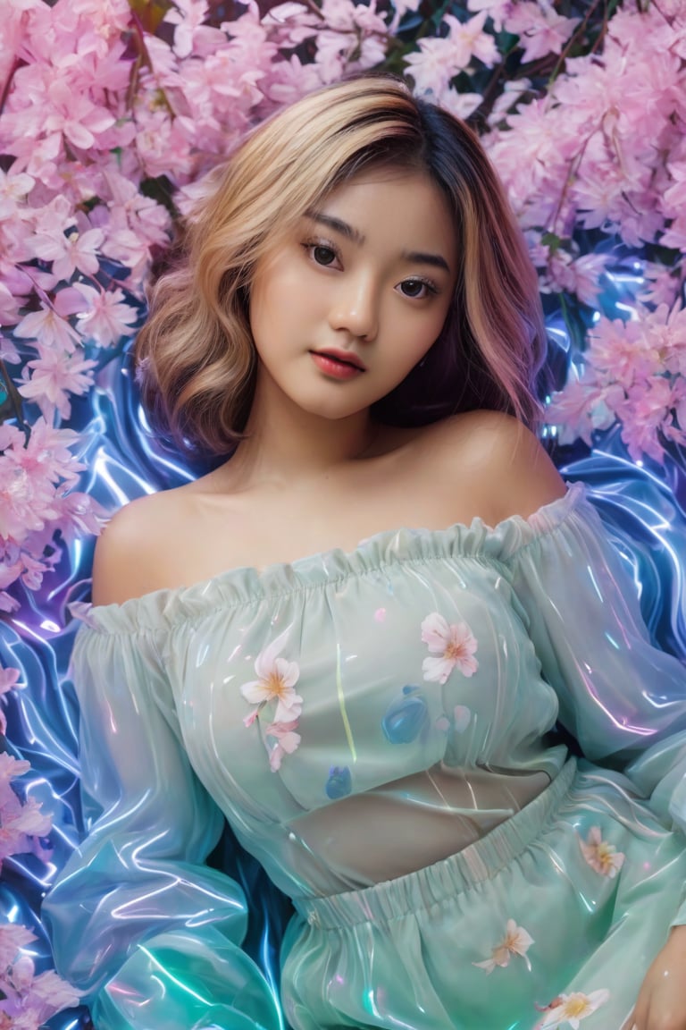In a stunning portrait, September Ai, a HONG KONG Girl with brown skin and short messy hair, lies from the front point pose, exuding high fashion elegance. Against a flowing neon-holographic floral background, iridescent vaporwave effects dance around her. The overall composition is fluid, with delicate flowers swirling behind her. A realistic illustration of this beauty, featuring long blonde hair, is reminiscent of Flat vector art. score_9, score_8_up, score_7_up, score_6_up,School_girl,gh3a