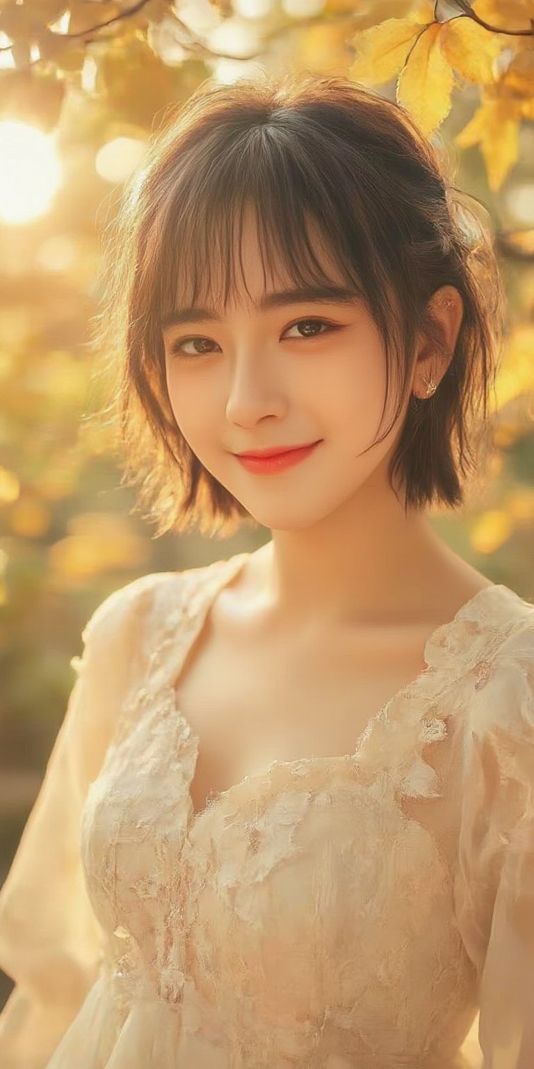 A stunning Korean girl poses confidently in a picturesque forest setting, surrounded by vibrant autumn maple leaves. She wears a delicate white lace dress that highlights her toned upper body and accentuates her impressive bust, with short black hair framing her face and bangs gently falling across her forehead. Her bright brown eyes sparkle with joy as she gazes directly at the viewer, exuding happiness and contentment. The soft sunlight filters through the trees, casting a warm glow on her features. (face close-up:1.4)