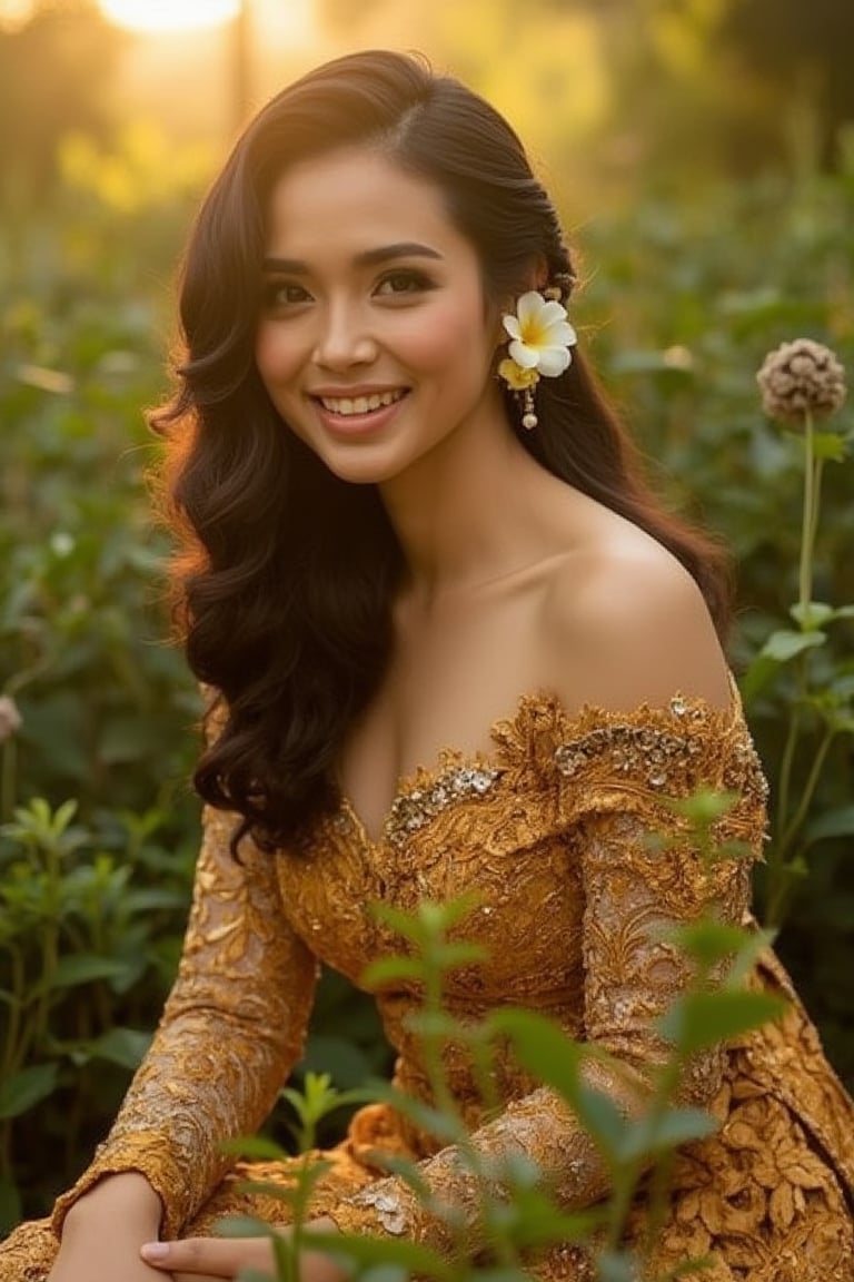 A serene and captivating portrait of a beautiful woman. The subject sits elegantly amidst a lush forest, adorned in a golden traditional kebaya dress, her curly brown locks framing her radiant face. Her smile, though closed-mouthed, still conveys warmth as subtle dimples appear on her cheeks. Delicate flowers adorn her hair, adding a touch of whimsy to the composition. The warm sunlight filters through the trees, casting gentle rays that illuminate her features and the intricate details of her dress.