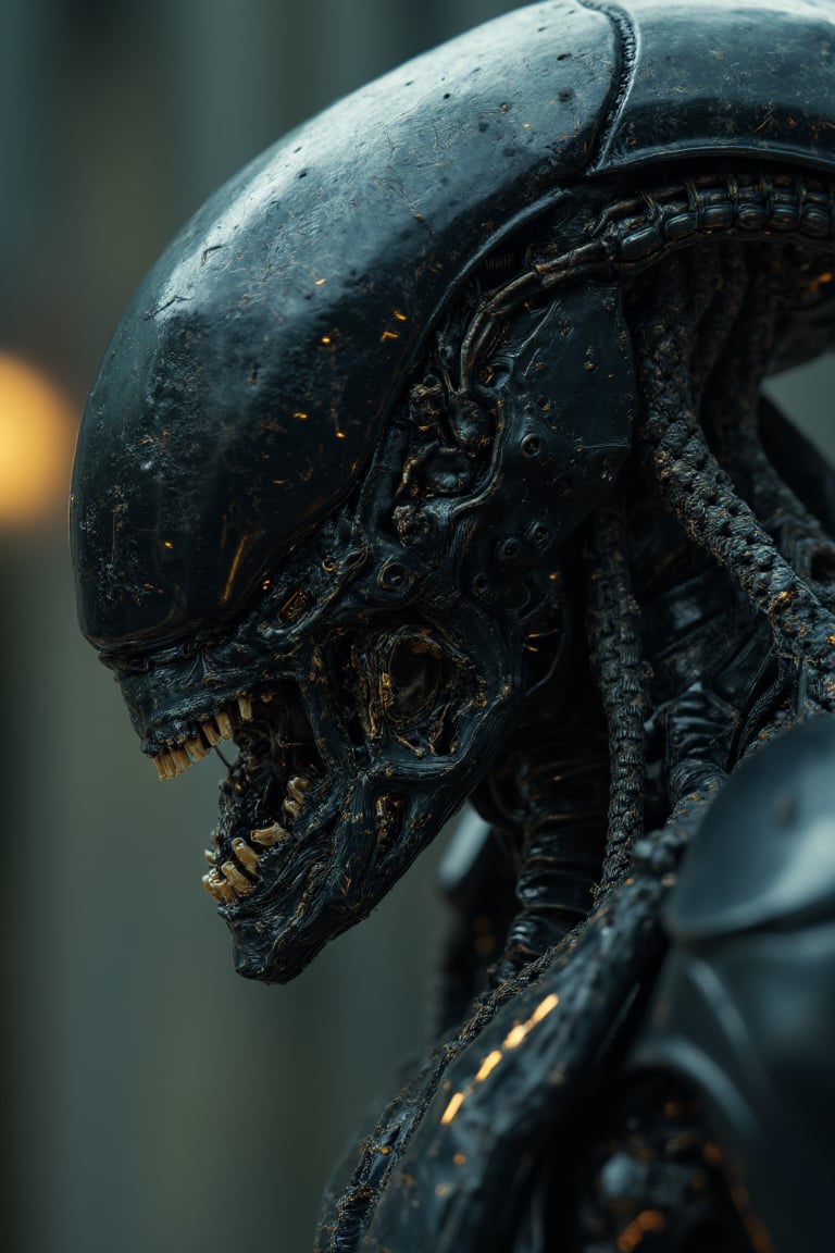 Close-up image of an aliens xenomorph android with black colors, its head is aliens xenomorph with very detailed shiny skin with intricate mechanical details, in a robot factory looking for parts to repair itself, very elaborate and detailed, very fine details, very contrasting shadows, overhead lighting, MECH, COMBAT ARMOR