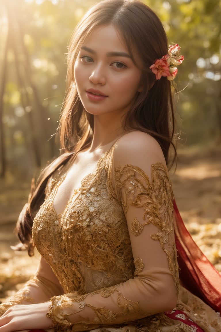 A serene and captivating portrait of a Korean girl. The subject sits elegantly amidst a lush forest, adorned in a golden traditional Thai dress, her curly brown locks framing her radiant face. Her smile, though closed-mouthed, still conveys warmth as subtle dimples appear on her cheeks. Delicate flowers adorn her hair, adding a touch of whimsy to the composition. The warm sunlight filters through the trees, casting gentle rays that illuminate her features and the intricate details of her dress, Korean Woman