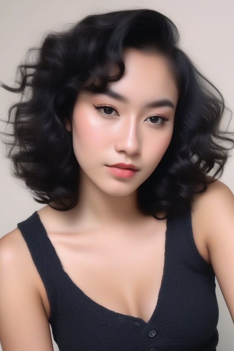 Prompt: (((Iconic 1940s age style but extremely beautiful))) (((black curly messy hair indonesian woman 20 age style,light rainbow in hair))) (((Pale skin and freckles, gorgeous and Voluptuous))) (((Chiaroscuro, soft light background))) (((female action poses))) (((masterpiece,minimalist, hyperrealistic,photorealistic))) (((view zoom,close-up, focal point torso))) (((By Annie Leibovitz style,by Rembrandt style)))