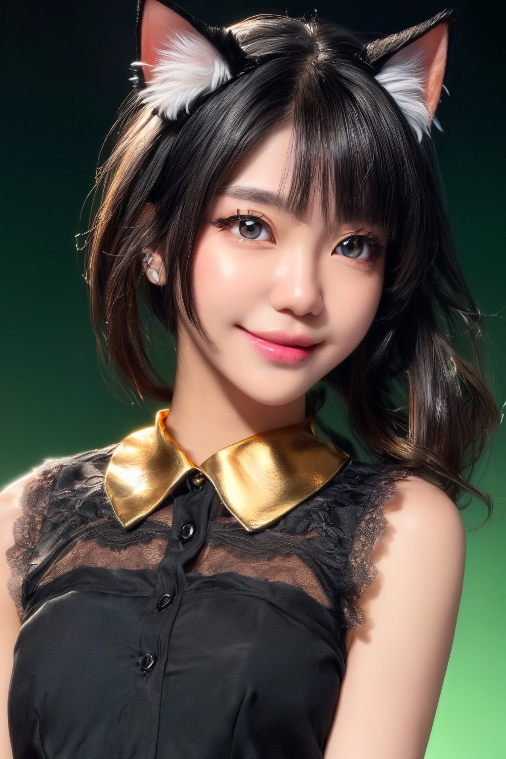 (photorealistic:1.4), (anime colored:1.5),(masterpiece, sidelights, exquisite gentle eyes), (character focus,face focus, close to viewer, portrait, masterpiece) , realistic skin, cute face, 3D face, (black long hair), (blunt bangs:1.3),(1girl, most beautiful korean girl, stunningly beautiful girl, gorgeous girl, 18yo, over sized eyes, big eyes, looking at viewer), (gold eyes:1.3), (cowboy shot:1.5), (sleeveless lace black sundress :1.5), (kind face), (bell on collar:1.3), (cat ears,cat tails:1.3), (cute face), (happy:1.5), Gentle face,(medium breasts), (gradient background), (glowing eyes), neat and clean, adorable, Slim Body,(tsurime:1.5), shiny hair, shiny skin,masterpiece