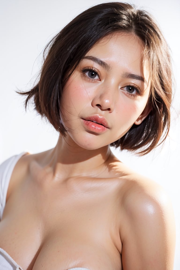 1girl,shirt,white background,best resolution, best quality, (photorealistic:1.3),masterpiece, portrait, shoulder, big breast , perfect face, juicey lip, white shiny skin, short hair, blonde hair, ,Fuj1,s4str0,pevit4,yukikato,Chloe