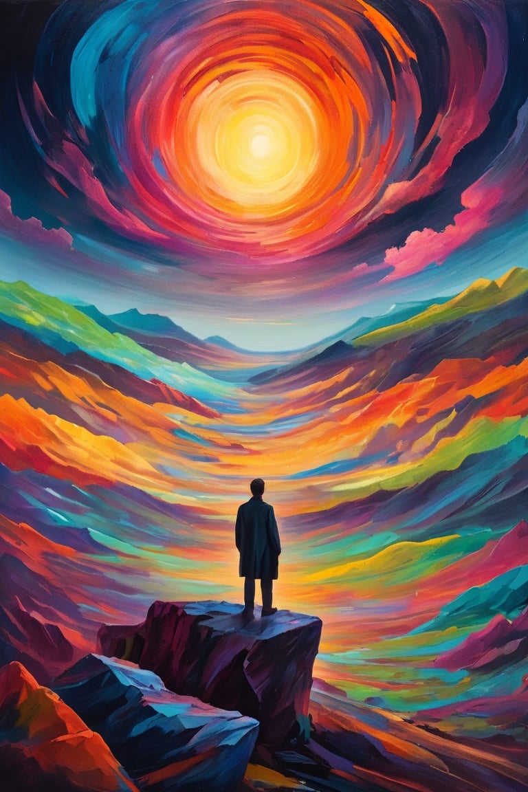 vorticism art,super colorful landscape painting,A man standing in a supernatural space, a mysterious atmosphere