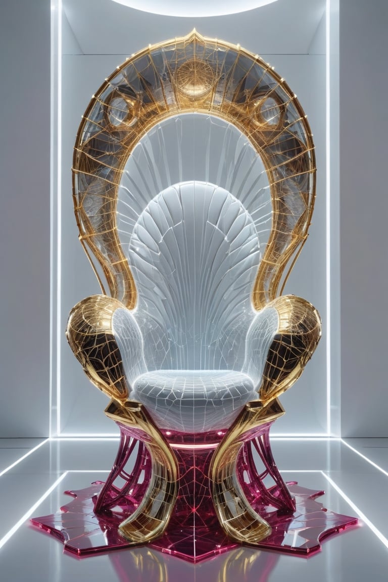 Front view of a museal sculpture displayed on a futuristic throne in the white room inside a futuristic museum. BREAK The artwork is an amazing and captivating glass abstract chair sculpture, with a sea nautilus shell, decorated with small rubies, (kinetic elements:1.4), glow, spark. Golden theme. Abstract fractal AI generated shape, sharp details, intricate and thick golden wireframes. Highest quality, detailed and intricate, original artwork, trendy, award-winning, artint, noc-wfhlgr, art_booster. BREAK wide shot, sharp focus, bright white room