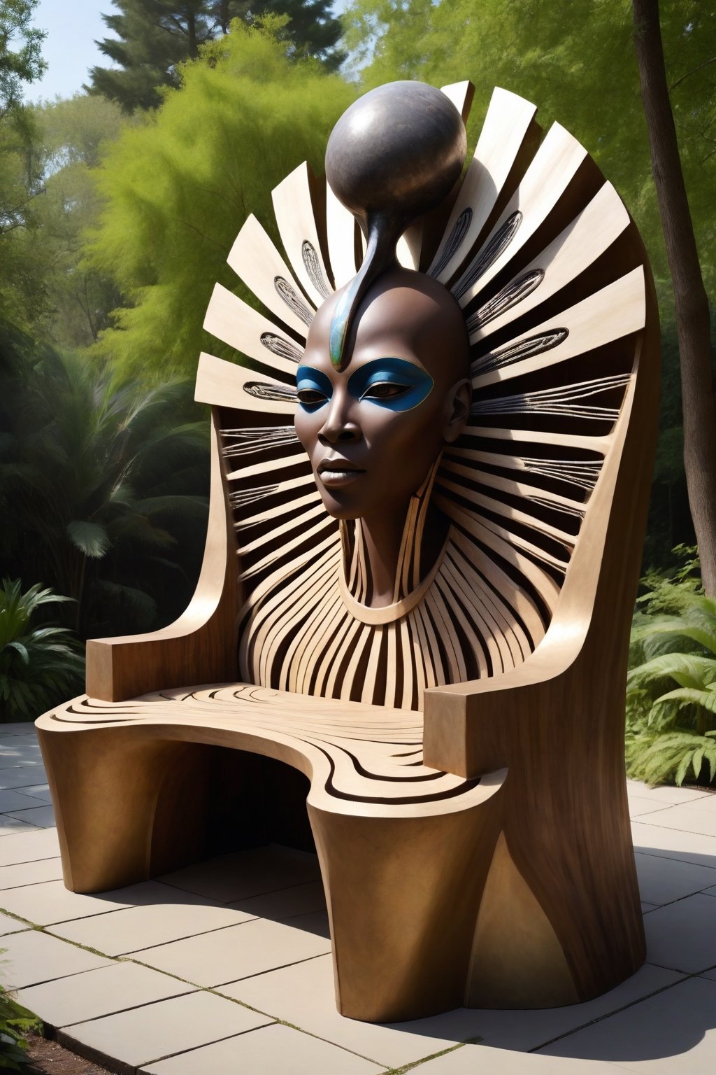 (masterpiece, best quality, high quality), fine art image design of an outdoors bench made of natural materials in alien shaped forms highly inspired by afro-futurism for a King and Wangechi Mutu and Sun Ra, must be extremely original and professional design exposed in the best artificial focused installation with perfect realistic shape depth textures and highly intricate as in fine art