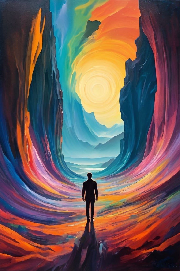 vorticism art,super colorful landscape painting,A man standing in a supernatural space, a mysterious atmosphere