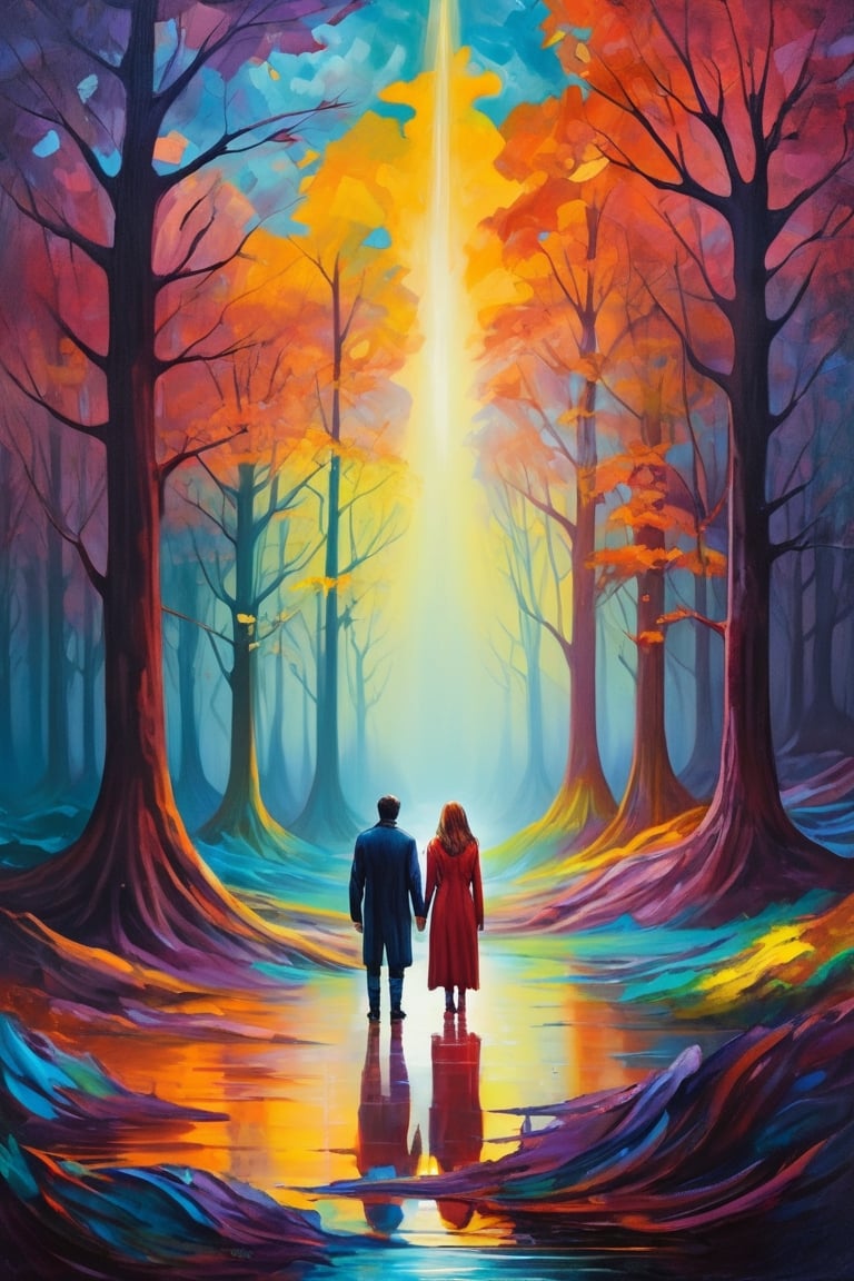 vorticism art,super colorful landscape painting,A couple standing in a supernatural space, a mysterious atmosphere