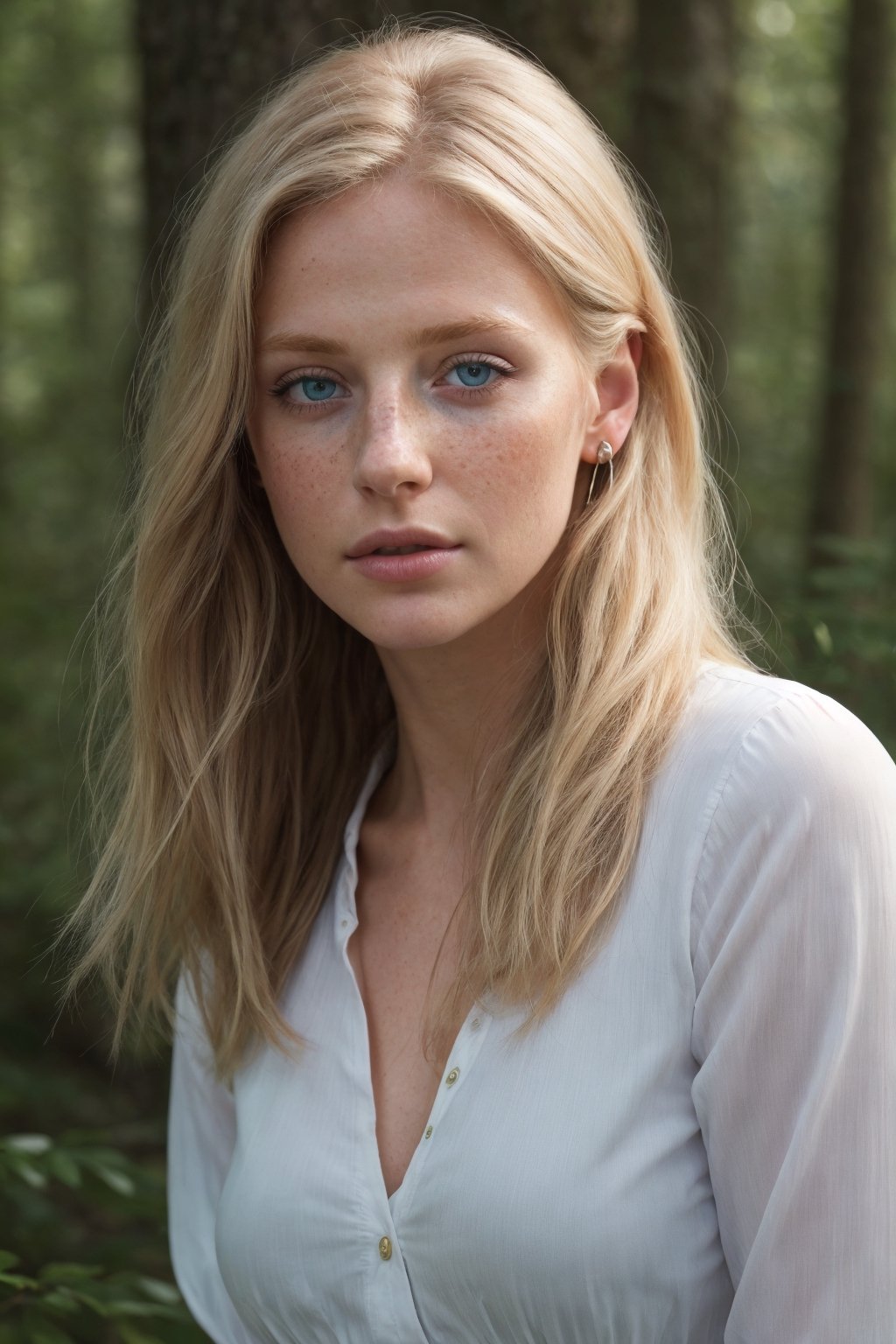 ((best quality)), ((masterpiece)), (detailed), photorealistic, (((8k))), perfect face, detailed cheeks, detailed eyes, detailed lips, detailed body, simple background, beautiful woman, blond mid hair, tucking her hair behind her ear, oceanblue eyes, no makeup, Extremely Realistic, realistic skin, moderate freckles, wondering in the woods, light silk clothes, rectangle shaped upper body, wide hips, safe for work