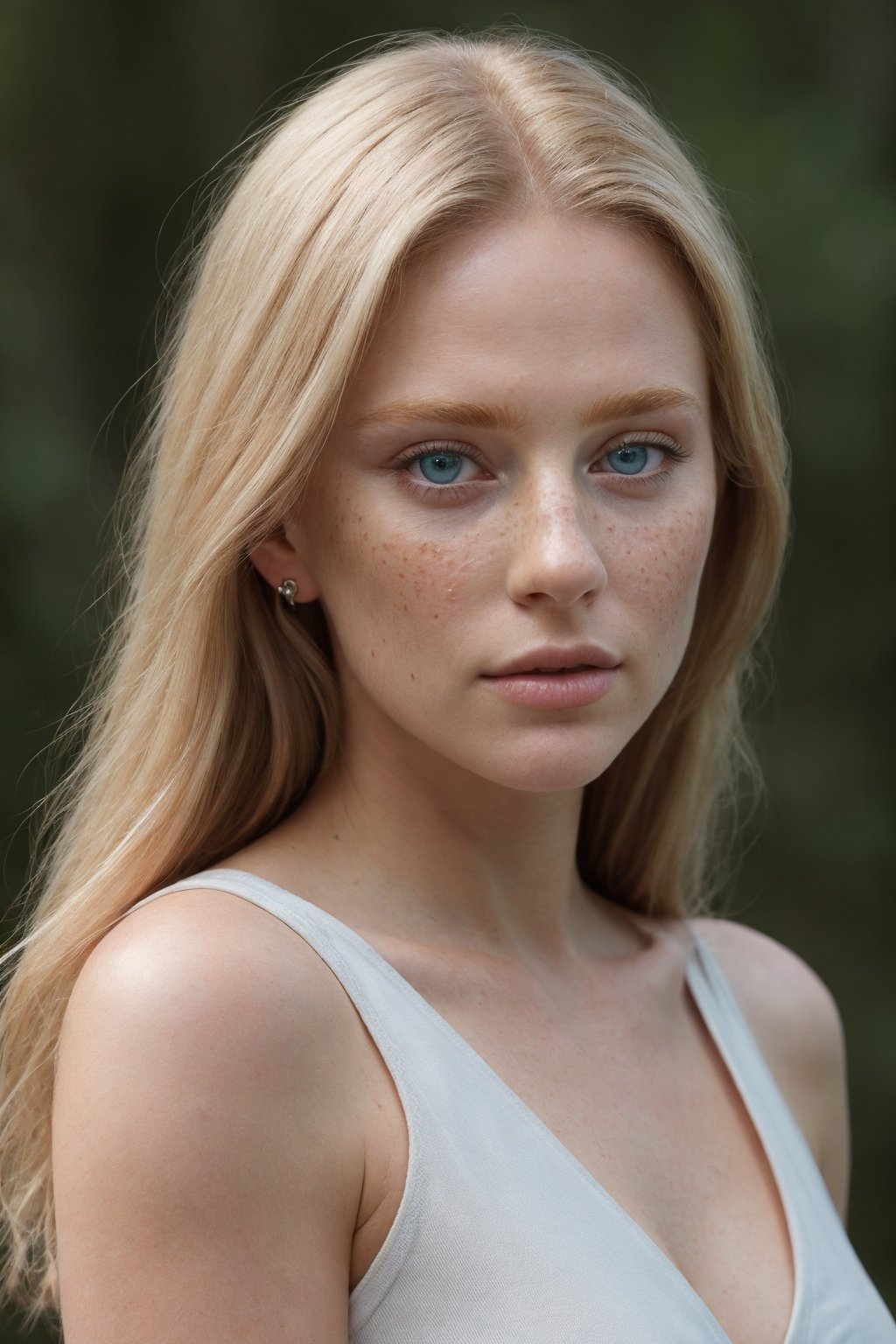 ((best quality)), ((masterpiece)), (detailed), photorealistic, (((8k))), perfect face, detailed cheeks, detailed eyes, detailed lips, detailed body, simple background, beautiful woman, blond mid hair, tucking her hair behind her ear, oceanblue eyes, no makeup, Extremely Realistic, realistic skin, moderate freckles, wondering in the woods, light fiber clothes, rectangle shaped upper body