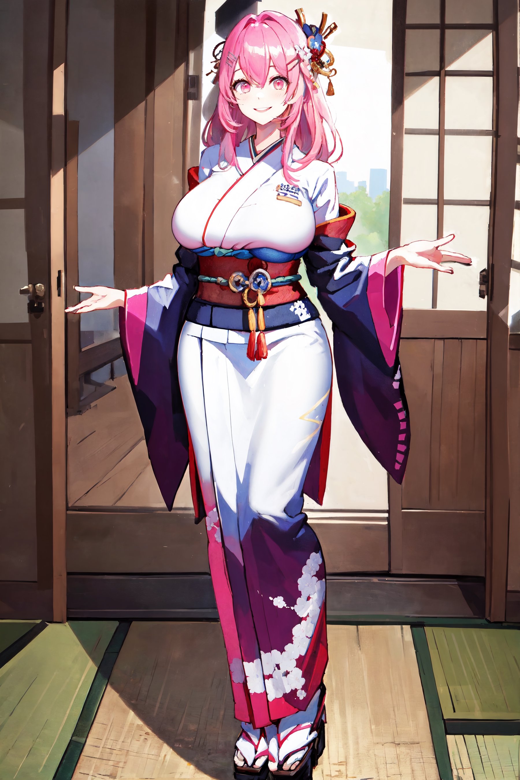 masterpiece, best quality, highres, 1girl, solo, long hair, pink hair, hairclip, bangs, pink eyes, smile,standing,contrapposto,
huge breast,
full body,
kimono