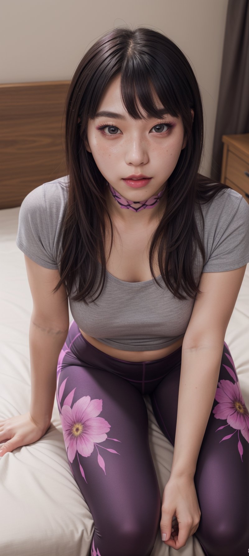 1girl, korean, wife,stinky sweaty after excercising,(highly floral pattern magenta leggings, long anime-ahegao-face tshirt top:1.2), (UWU),hyper realistic,pouting,(long Black Hair with Purple inner-dyed),freckles,grey eyes,chocker,side pose but looking at camera,bokeh,cute uwu girls room,seductively sitting on edge of bed,leg_grab,visible cameltoe,viewed from above,pink eyeliner,amblyopia,intense-gaze,thunder_thighs,douyin_makeup
