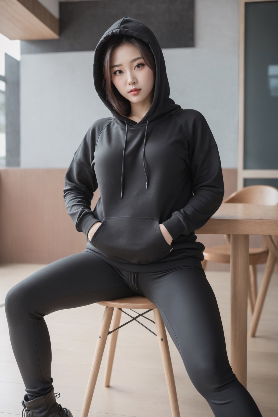 Korean woman, black hoodie and black spandex leggings, leaning back in a chair,hands in hoodie pockets,cameltoe,facing viewer,cowboy_Shot