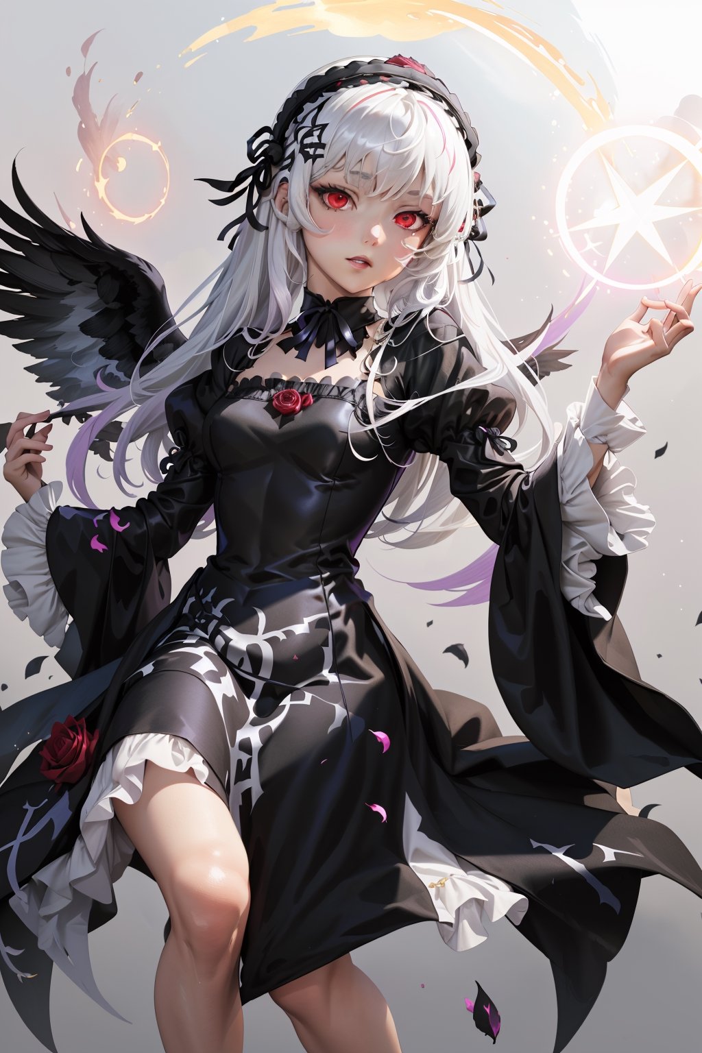 masterpiece, best quality, highres, sui1, 1girl, solo, suigintou, red eyes, long hair, gothic dress, white hair, rose hair ornament, long sleeves, gothic hairband, ribbon, black dress, black wings, full_shot, command spell, black magic, black circle,