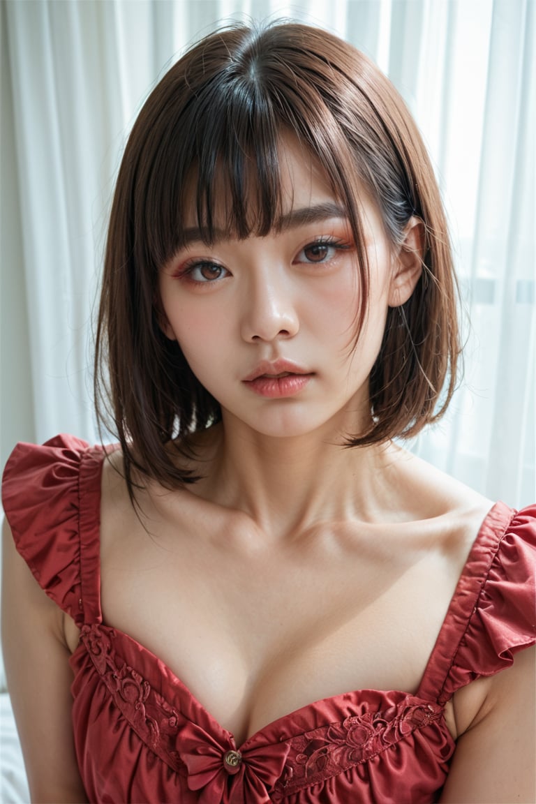 (score_9_up, score_8_up, score_7_up), incredibly beautiful Asian girl, vibrant face, no make-up, long eyelashes, perfect brows, realistic skin, collarbone, thin lips, curtain bangs