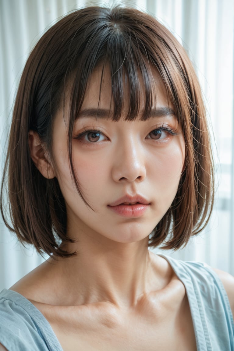 (score_9_up, score_8_up, score_7_up), incredibly beautiful Asian girl, vibrant face, no make-up, long eyelashes, perfect brows, realistic skin, collarbone, thin lips, curtain bangs