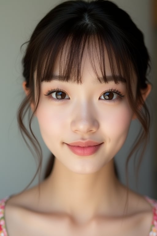 (score_9_up, score_8_up, score_7_up), incredibly beautiful Asian girl, vibrant face, no make-up, long eyelashes, thin brows, realistic skin, collarbone, roundish cheeks, small thick lips, fresh vibrant skin, slight smile, parted bangs