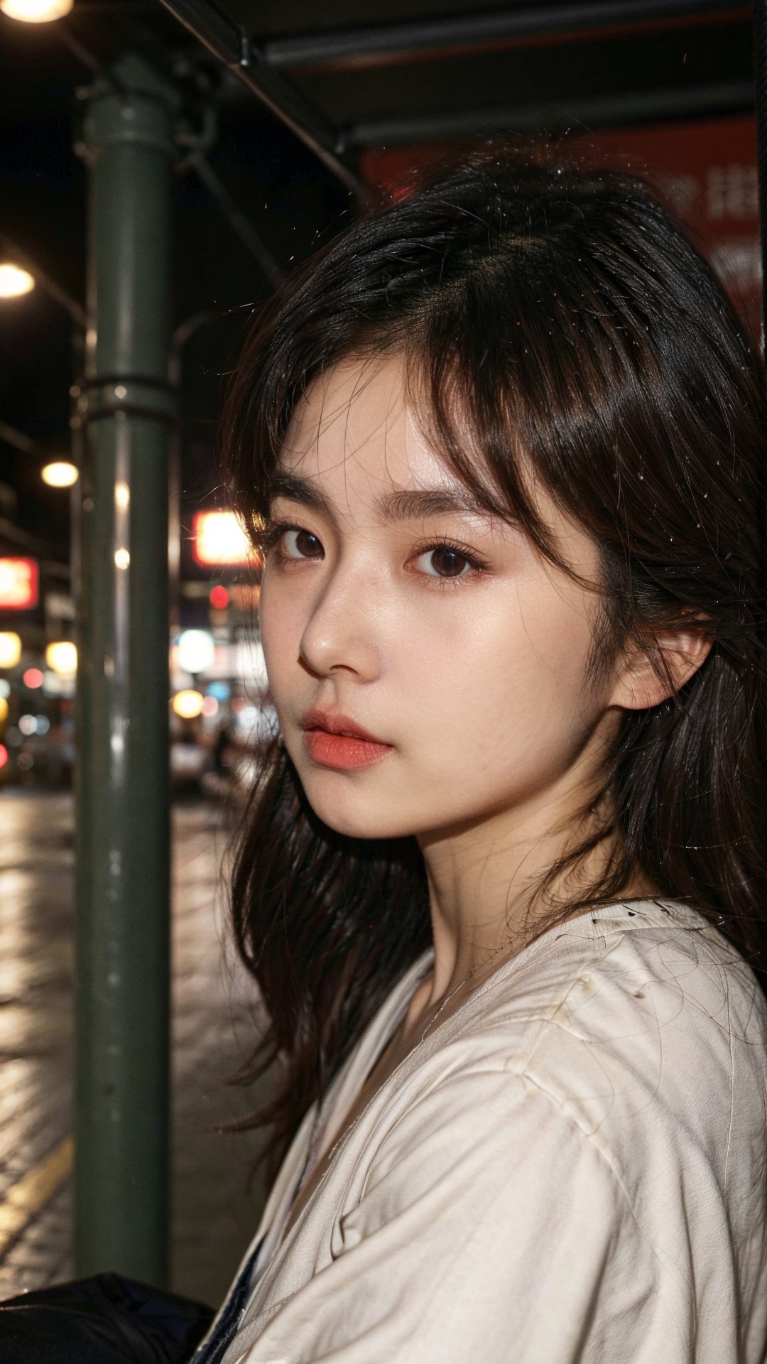 (1girl), ((beautiful eyes, long wavy hairs, brown hair, Hair tousled by the breeze)), Hongkong street, sitting at a bus stop, at a rainy night,