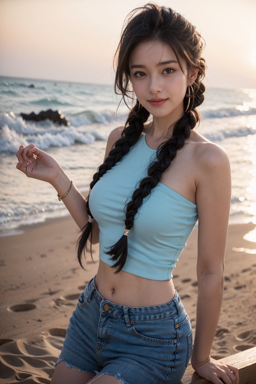 1girl, solo, long hair, breasts, looking at viewer, smile, very happy, blue dress, short jeans, braided hair, bare shoulders, brown eyes, jewelry, hair_clip, medium breasts, standing, half body, lips, realistic, cinematic, beach