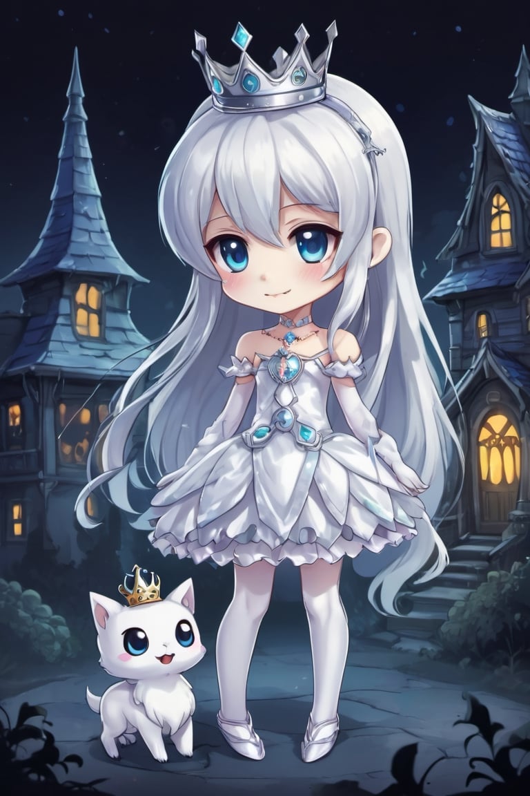 chibi booette, full body, haunted house, wearing tiny princess tiara