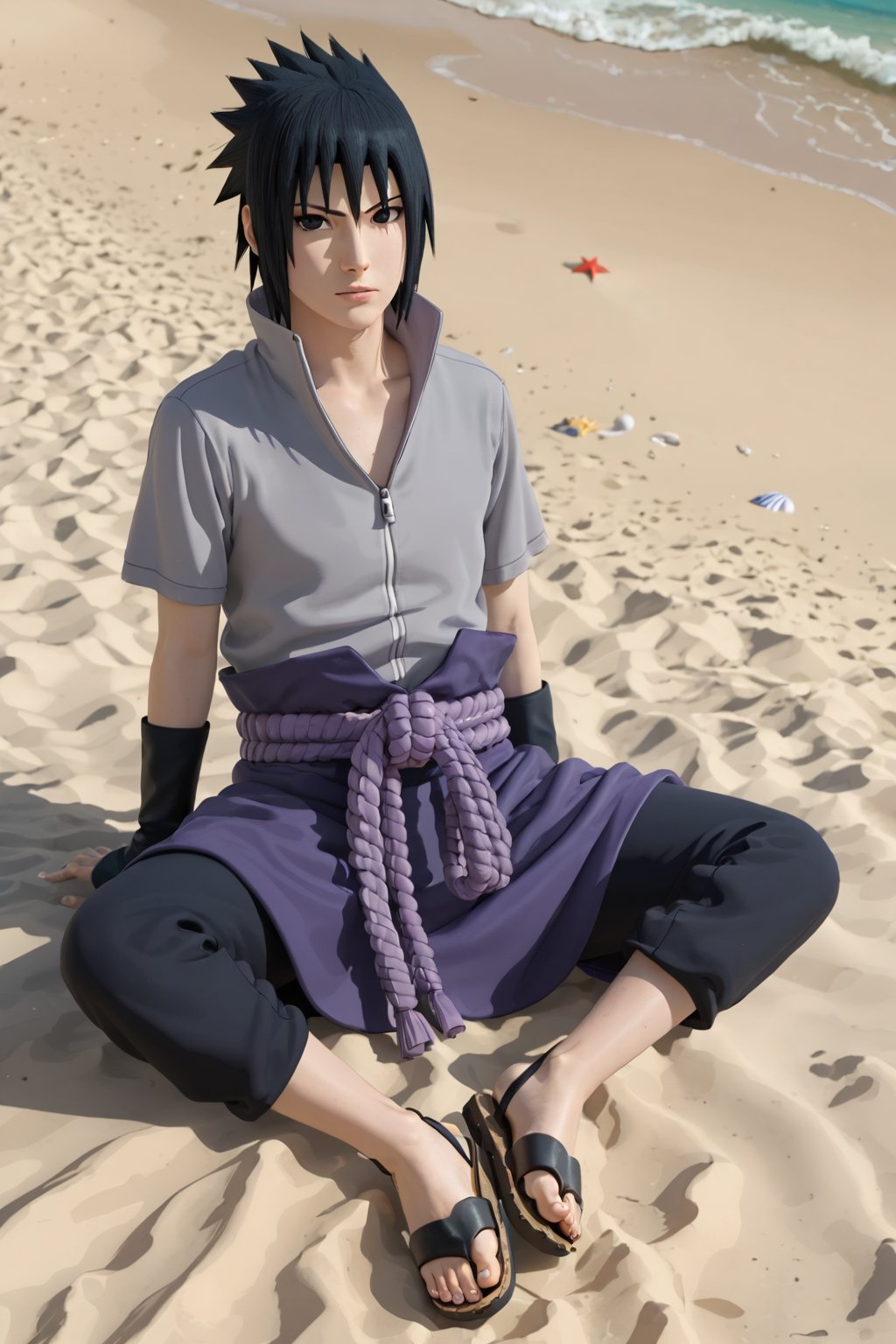 Sasuke Uchiha from naruto shippuden sitting in beach,4k,black hair,spiky hair,black eyes,gray shirt with short sleeves,black arm guard,light purple belt,purple skirt,pants,sandals