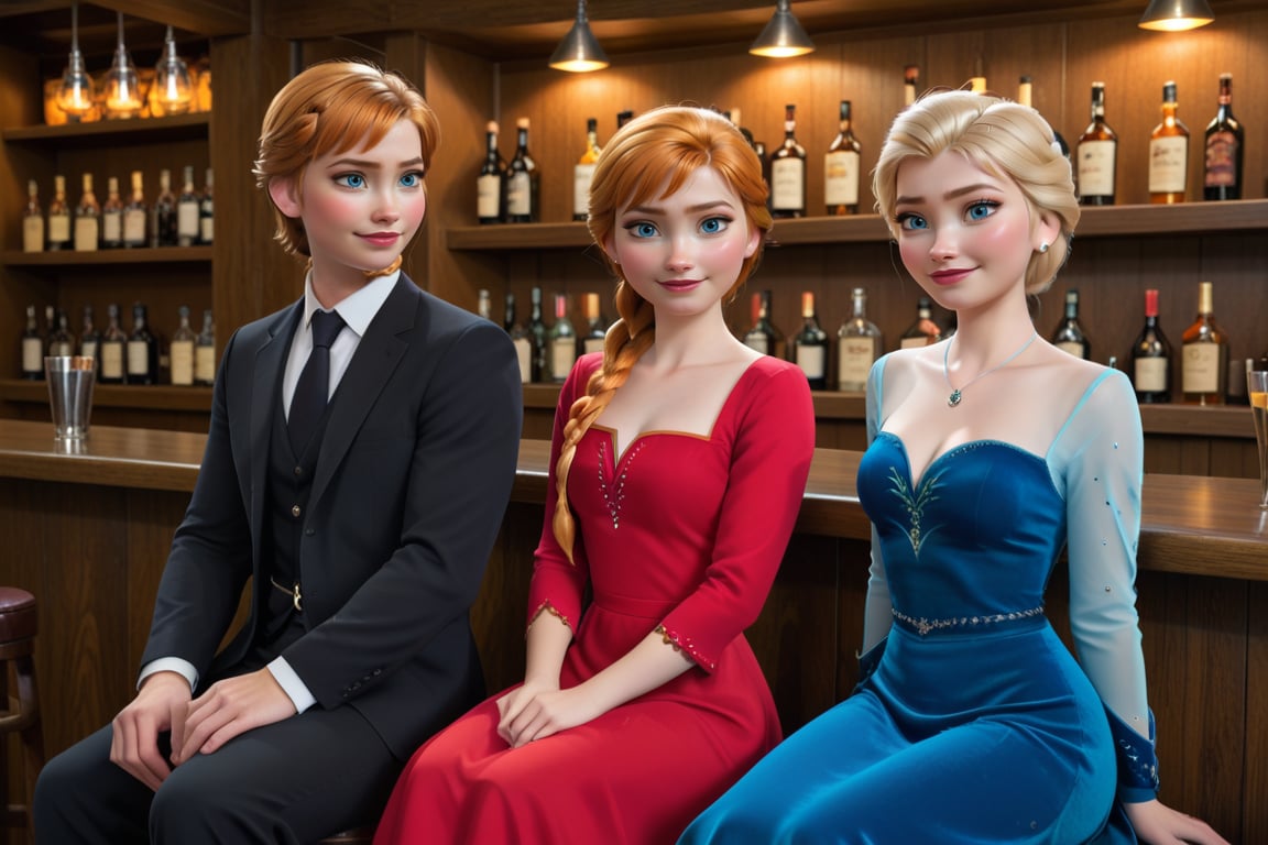 Elsa with blue dress with Aana with red dress, in bar,both sitting together , fine details, 8k,more detail XL, anna, orange hair, braid, blue eyes