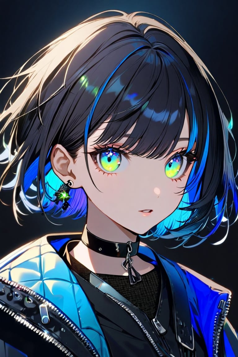 1girl, solo, looking at viewer, short hair, bangs, blue eyes, black hair, gloves, jewelry, green eyes, blue hair, jacket, upper body, multicolored hair, earrings, parted lips, choker, black gloves, collar, glowing, black choker, portrait, zipper, multicolored eyes,NJI BEAUTY,Eyes,Beautiful eyes