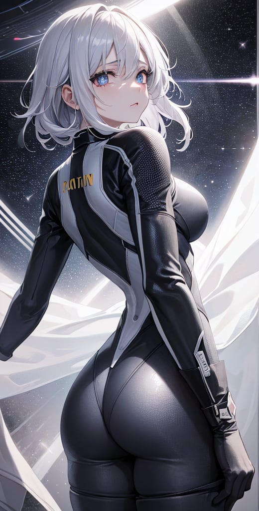 she was legandary queen, tight suit 25 years and a boy, white hair, she looking at back and tear in her eyes pupils, space goddess, galaxy, light particles, light rays, wallpaper, high contrast, 