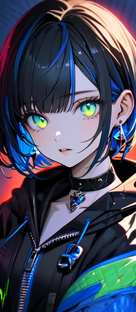 Master piece 8k , 1girl, solo, looking at viewer, short hair, bangs, blue eyes, black hair, gloves, jewelry, green eyes, blue hair, jacket, upper body, multicolored hair, earrings, parted lips, choker, black gloves, collar, glowing, black choker, portrait, zipper, multicolored eyes