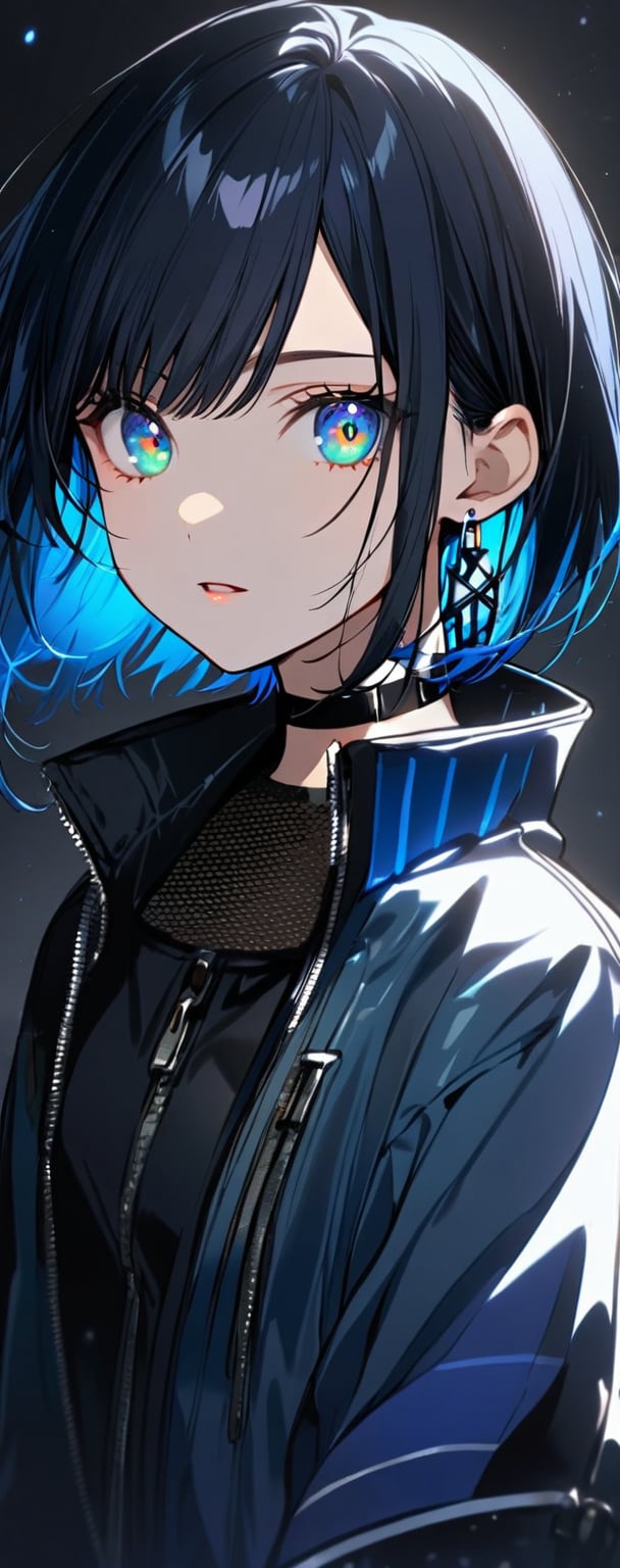 1girl, solo, looking at viewer, short hair, bangs, blue eyes, black hair, gloves, jewelry, green eyes, blue hair, jacket, half body, multicolored hair, earrings, parted lips, choker, black gloves, collar, glowing, black choker, portrait, zipper, multicolored eyes,NJI BEAUTY,Eyes,Beautiful eyes, black rock   star shooter,