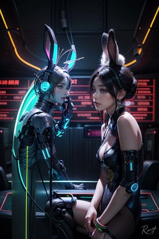 masterpiece, (photorealistic:1.4), best quality, beautiful neon lighting, 1girl, black hair, cheongsam, black leotard,  bare shoulders, cyberpunk, open clothes, science fiction, ,cyborg, casino background,  RAW photo,neon background,Breasts ,furure_urban,Nipples, bunny girl, she has Rabbit ears