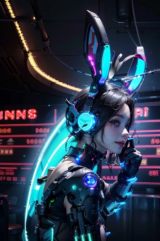 masterpiece, (photorealistic:1.4), best quality, beautiful neon lighting, 1girl, black hair, cheongsam, black leotard,  bare shoulders, cyberpunk,  science fiction, ,cyborg, casino background,  RAW photo,neon background,Breasts ,furure_urban, bunny girl, she has Rabbit ears, smile, (oil shiny skin:1), (huge_boobs:1.2), willowy, chiseled, (hunky:1), body turn 46 degree, (perfect anatomy, prefecthand, dress, long fingers, 4 fingers, 1 thumb), dynamic sexy pose, (artistic pose of a woman),photo r3al,neon style,simple background,NIJI STYLE,DonMChr0m4t3rr4XL ,DonMF41ryW1ng5XL,Strong Backlit Particles,More Detail,science fiction,  pretty face