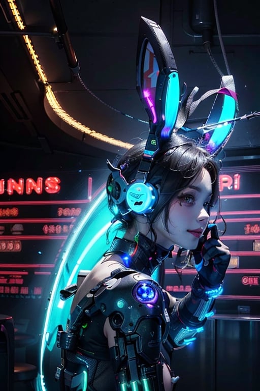 masterpiece, (photorealistic:1.4), best quality, beautiful neon lighting, 1girl, black hair, cheongsam, black leotard,  bare shoulders, cyberpunk,  science fiction, ,cyborg, casino background,  RAW photo,neon background,Breasts ,furure_urban, bunny girl, she has Rabbit ears, smile, (oil shiny skin:1), (huge_boobs:1.2), willowy, chiseled, (hunky:1), body turn 46 degree, (perfect anatomy, prefecthand, dress, long fingers, 4 fingers, 1 thumb), dynamic sexy pose, (artistic pose of a woman),photo r3al,neon style,simple background,NIJI STYLE,DonMChr0m4t3rr4XL ,DonMF41ryW1ng5XL,Strong Backlit Particles,More Detail,science fiction, full-body