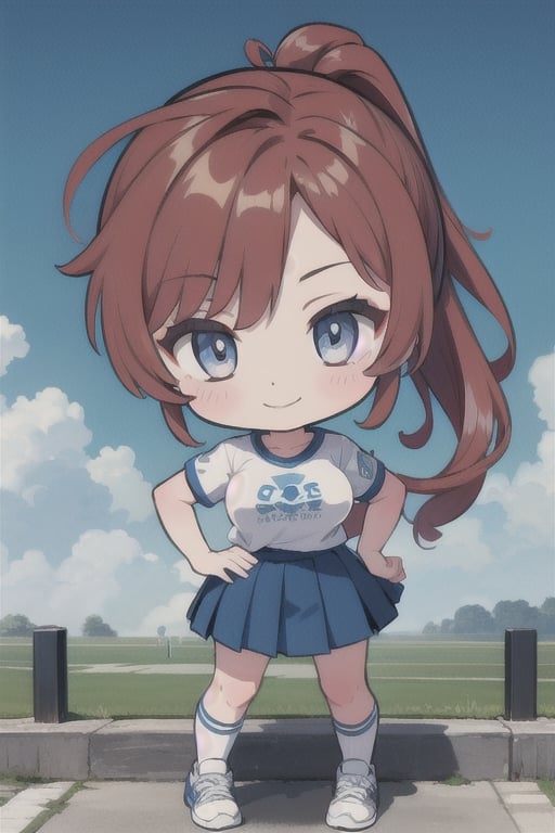 (woman bleu eyes), messy ponytail auburn hair, sassy, shameless, medium breasts,chibi ,highly detailed, high resolution, extreme detail,skirt, hdr,skirt,smile,white t-shirt,genshin chibi emote,high lights, sport shoes, high socks