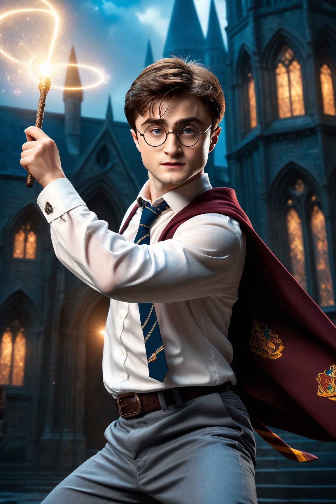 young Asian Daniel Radcliffe as Harry Potter twirling lasso above head, 16 year old boy, sky blue trousers, white shirt, dark blue tie, glasses, pointing wand upward, Hogwarts background, full body portrait dim volumetric lighting, 8k octane beautifully detailed render, post-processing, portrait, extremely hyper-detailed, intricate, epic composition, cinematic lighting, masterpiece, very very detailed, masterpiece, stunning Detailed matte painting, deep color, fantastical, intricate detail, splash screen, complementary colors, fantasy concept art, 8k resolution trending on Artstation Unreal Engine 5,chiaroscuro, bioluminescent,detailmaster2,