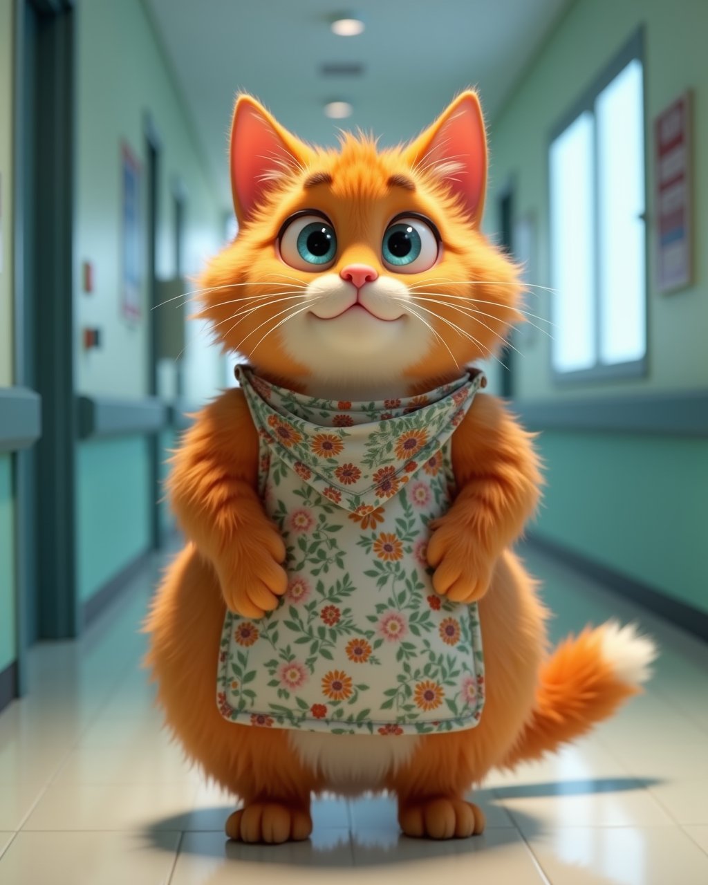 Mimi, a caring, plump mother cat with a fluffy, bright orange coat and large blue eyes, wearing a floral patterned bandana and matching apron, standing in a hospital corridor, looking utterly confused. Her expression is full of disbelief and wonder, with her eyebrows raised and mouth slightly open in a questioning look. The background is a hospital setting, designed in the style of Pixar.