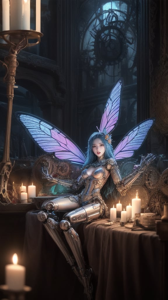 In the dimly lit, ornate chamber of a mystical steampunk realm, a faerie girl with delicate features and iridescent butterfly wings sprawls amidst a tapestry of gears and cogs. A robot cat, its mechanical limbs splayed in relaxation, rests beside her as candlelight dances across their faces. The soft glow casts a warm ambiance, rendering the intricate details of the steampunk contraptions and the faerie's ethereal wings in exquisite 8K HDR resolution, with an impressive bokeh effect blurring the background.