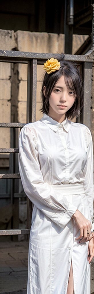 Here is a high-quality prompt for generating an image:

A stunning high school student, dressed in her crisp white laced blouse and suit, stands confidently at the school gate, framed by a warm yellow sun-kissed background. The ultra-detailed photorealistic portrait showcases her bright eyes with delicate eyelashes, sharp focus on her face, and finely detailed features. Capture this moment with perfect dynamic composition, showcasing her pose of subtle confidence, as if she's just stepped out into the bright sunlight. Cowboys-style framing adds a touch of drama to this everyday scene.