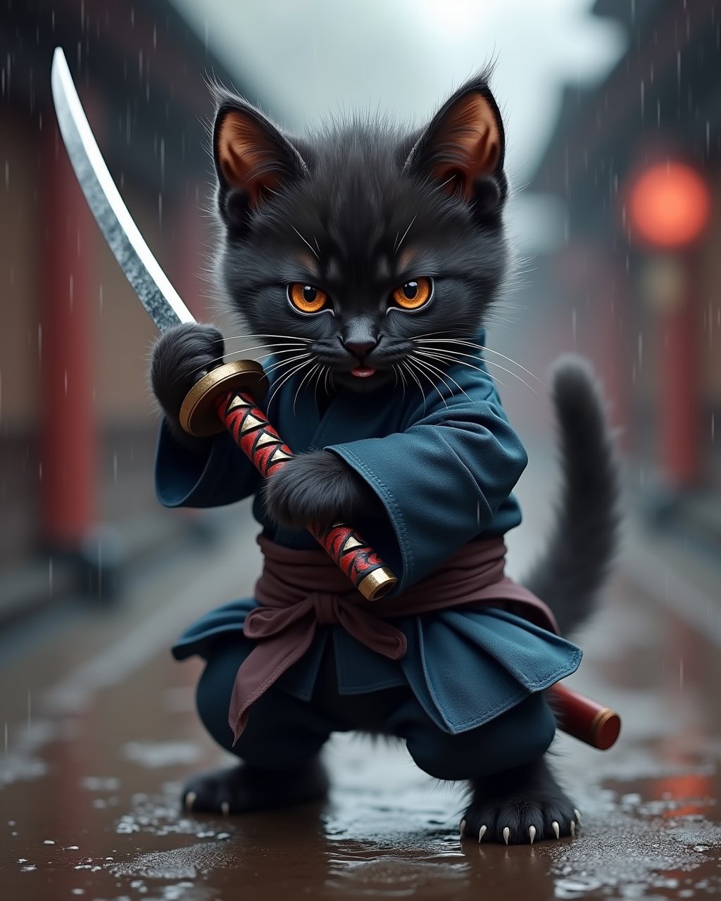 Cute black kitten, samurai outfit, holding samurai sword, japanese background, rainy day, fighting pose, angry face, furry tail,
