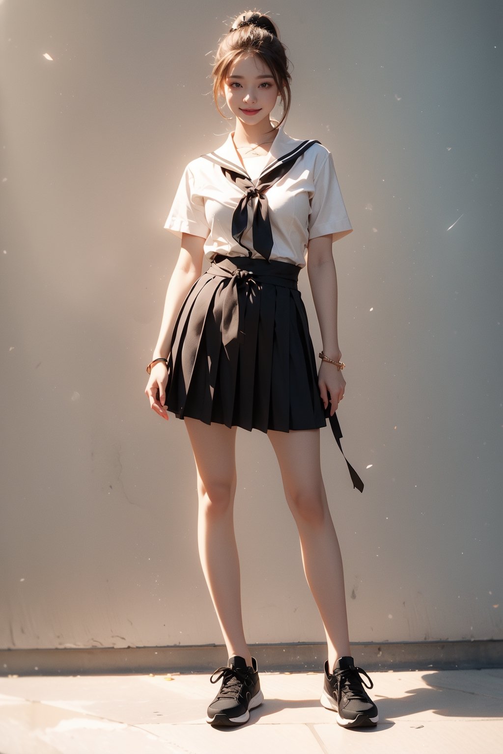 (best quality), ((masterpiece)), (highres), illustration, original, extremely detailed, (二次元大系·御姐篇_V1.0:0.7)zlqs, 1girl, skirt, solo, shoes, full body, white background, school uniform, brown hair, black skirt, simple background, smile, looking at viewer, jewelry, pleated skirt, clothes around waist, short sleeves, breasts, standing, sneakers, white shirt, bracelet, ponytail, shirt, serafuku, neckerchief, sailor collar, bangs, large breasts, socks, purple eyes, jacket, closed mouth, black sailor collar, sweater ,Realism