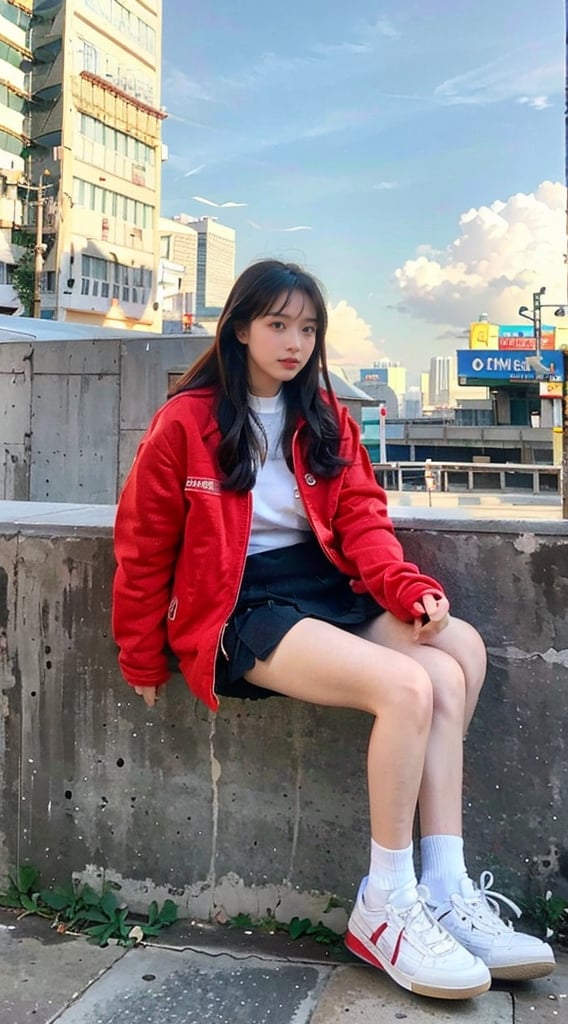 1girl, solo, long hair, baeyes, gloves, long sleeves, sitting, closed mouth, red jacket, full body, pleated skirt, outdoors, sky, shoes, day, socks, hairclip, cloud, miniskirt, black skirt, profile, building, sneakers, red jacket, grey skirt, city, cityscape, skyscraper, red socks
