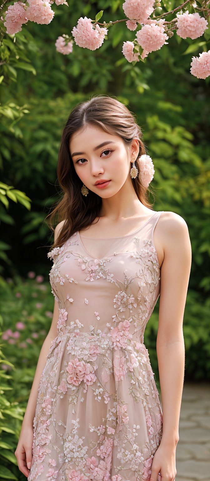 Generate hyper realistic image of a woman in a couture garden party dress in pastel hues, the intricate floral patterns matching the vibrant blooms around her. Place her in an enchanting botanical garden, exuding sophistication.((upper body)),1 girl,kimyojung
