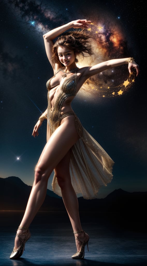 Starlight dancer A graceful figure, her body adorned with intricate constellations, dancing among the stars, her movements leaving trails of light in the cosmic darkness.
